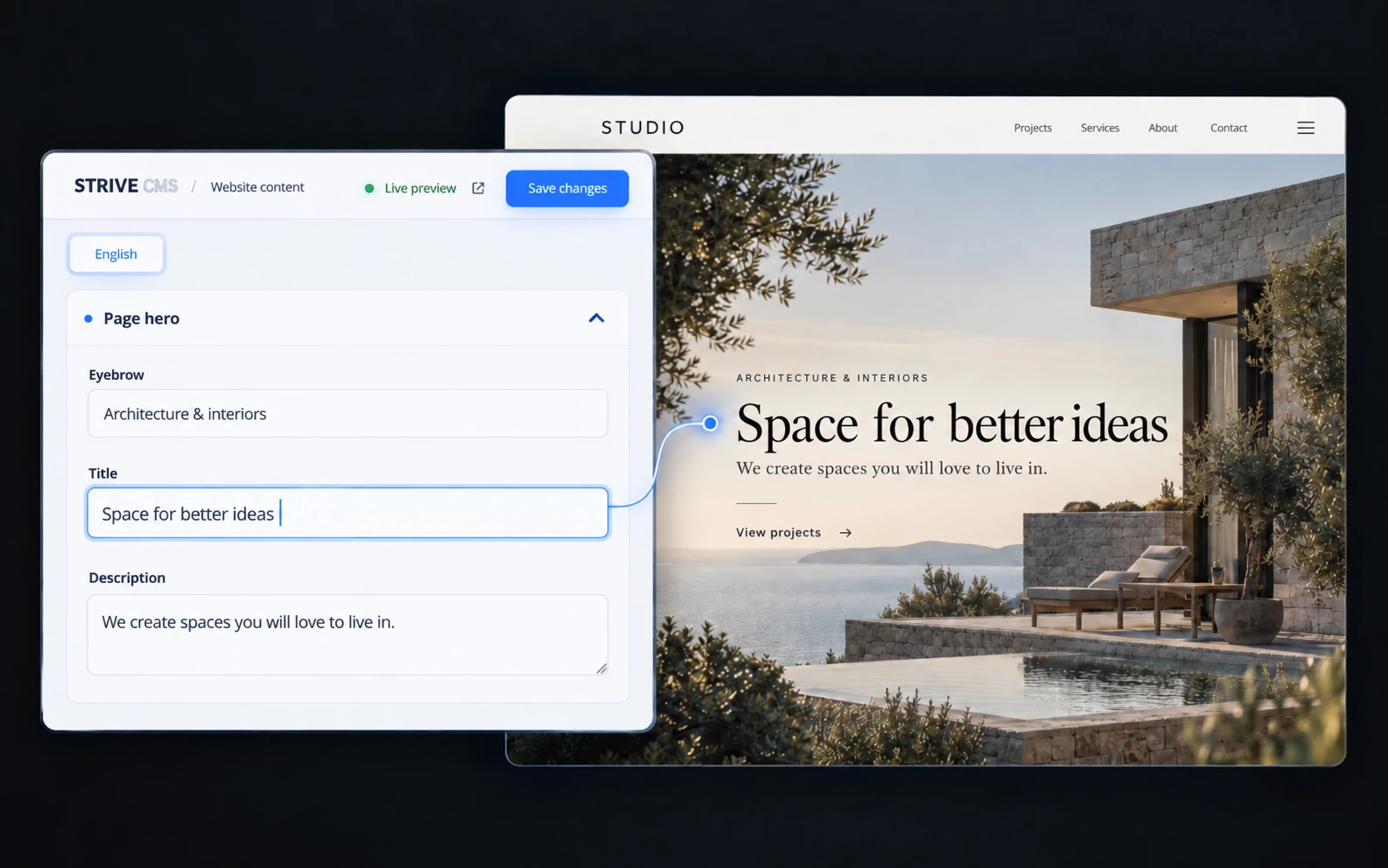Live preview illustration: a heading entered in the CMS form appears on the website behind it.