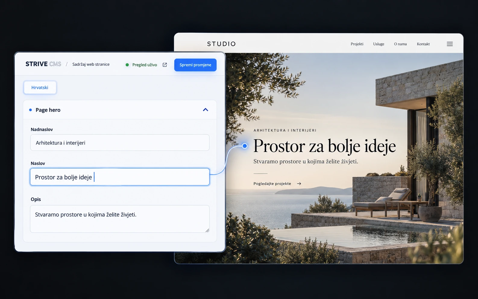 Ilustracija pregleda uživo: hrvatski naslov u CMS obrascu odmah se prikazuje na web stranici iza njega.