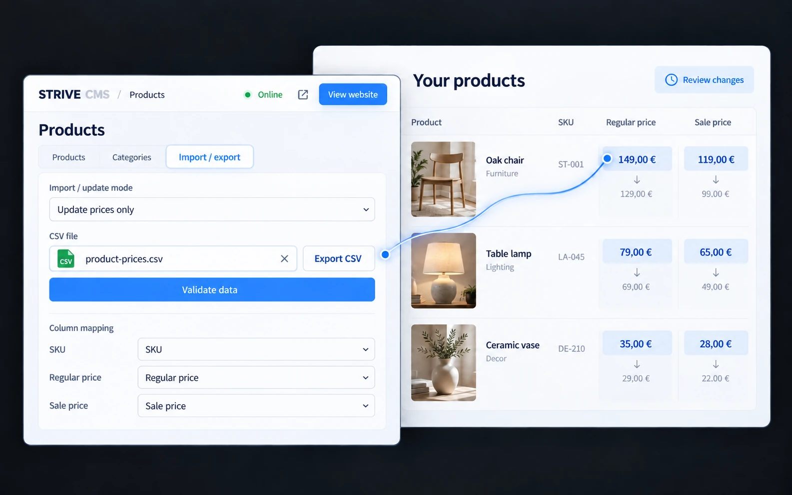 CSV price import connected to a product catalog, showing changes to regular and sale prices.