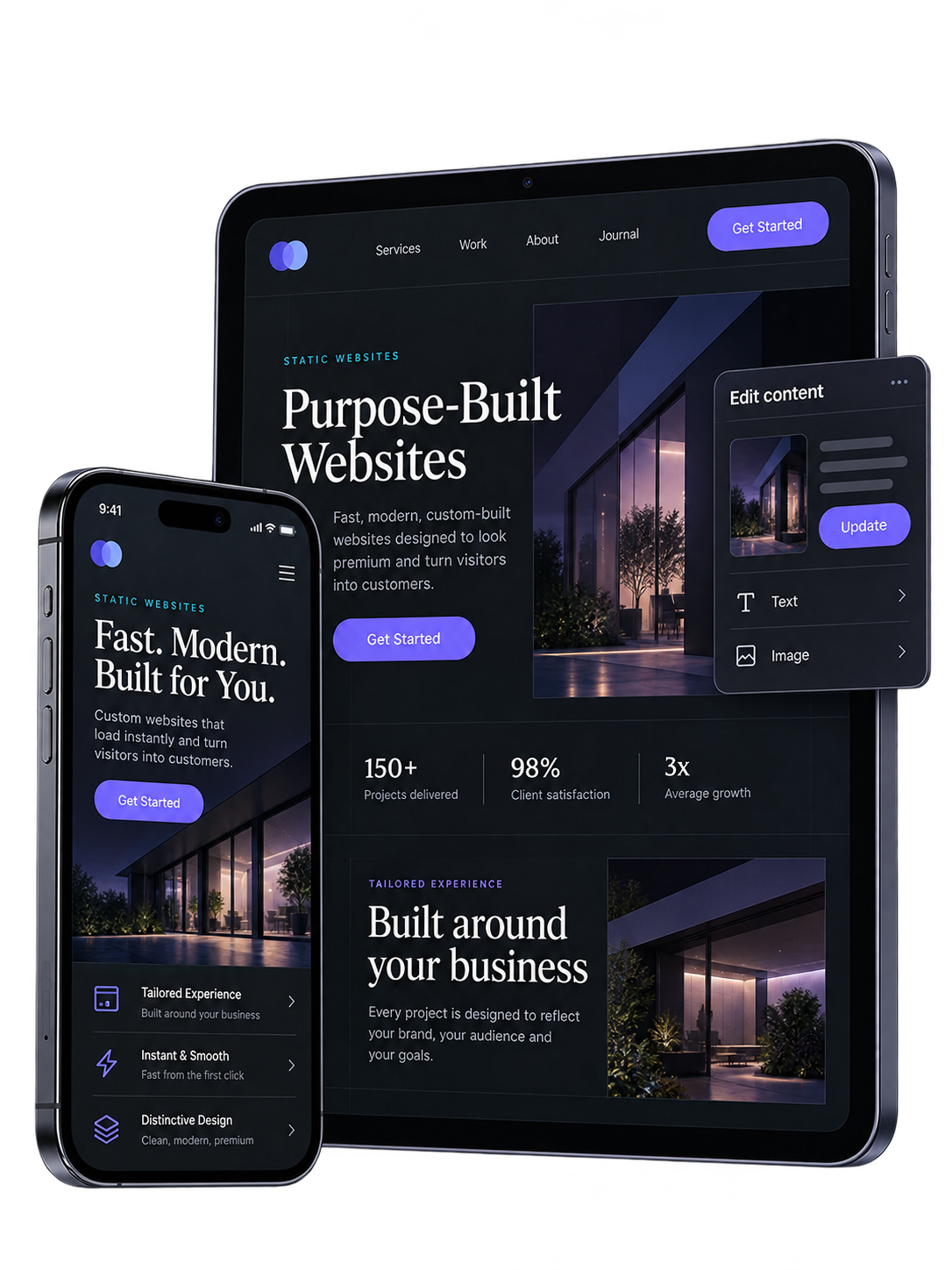 A static website and compact CMS editor displayed on a dark tablet and smartphone